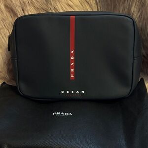 Prada Men’s Black Toiletry Bag with Red Stripe